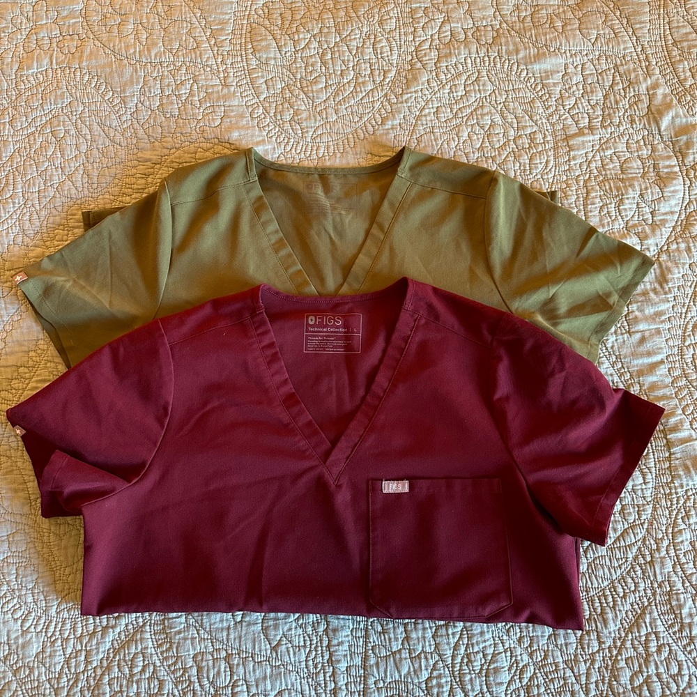 Figs Women's Scrub Tops - Green and Burgundy